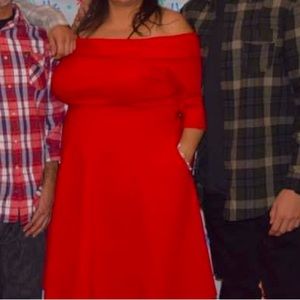 Off shoulder red dress with pockets